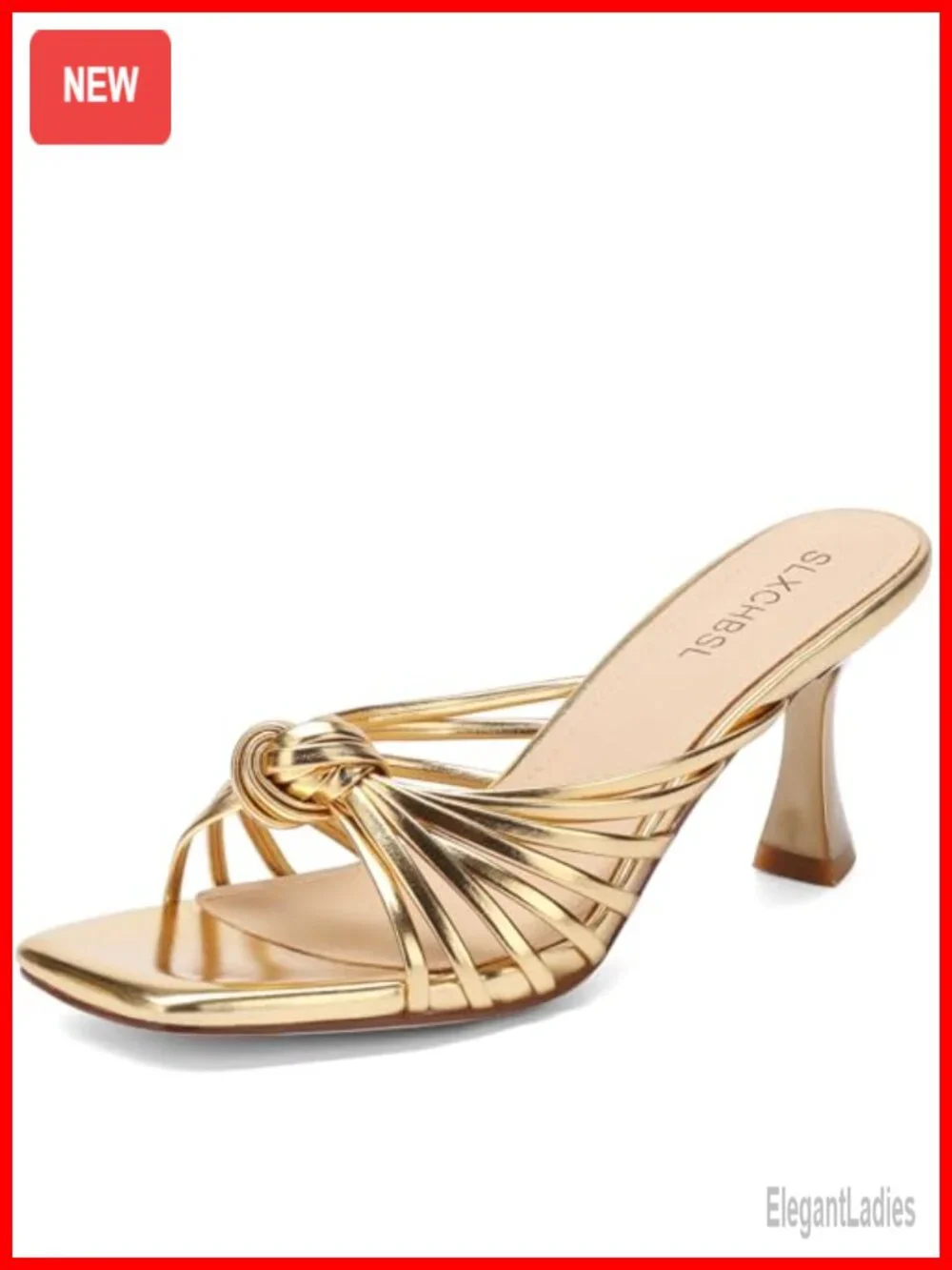 Kitten Heel Sandals Square Toe Knotted Slip On Faux Leather Women's